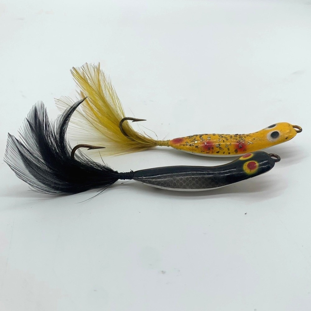 Lively Ike Fishing Lures Set of 2 Yellow Black Vintage Feather Tail Poppers